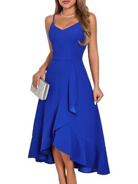 Women's Sleeveless Cocktail Dress Royal Blue Formal Church High Low Ruffle Dress